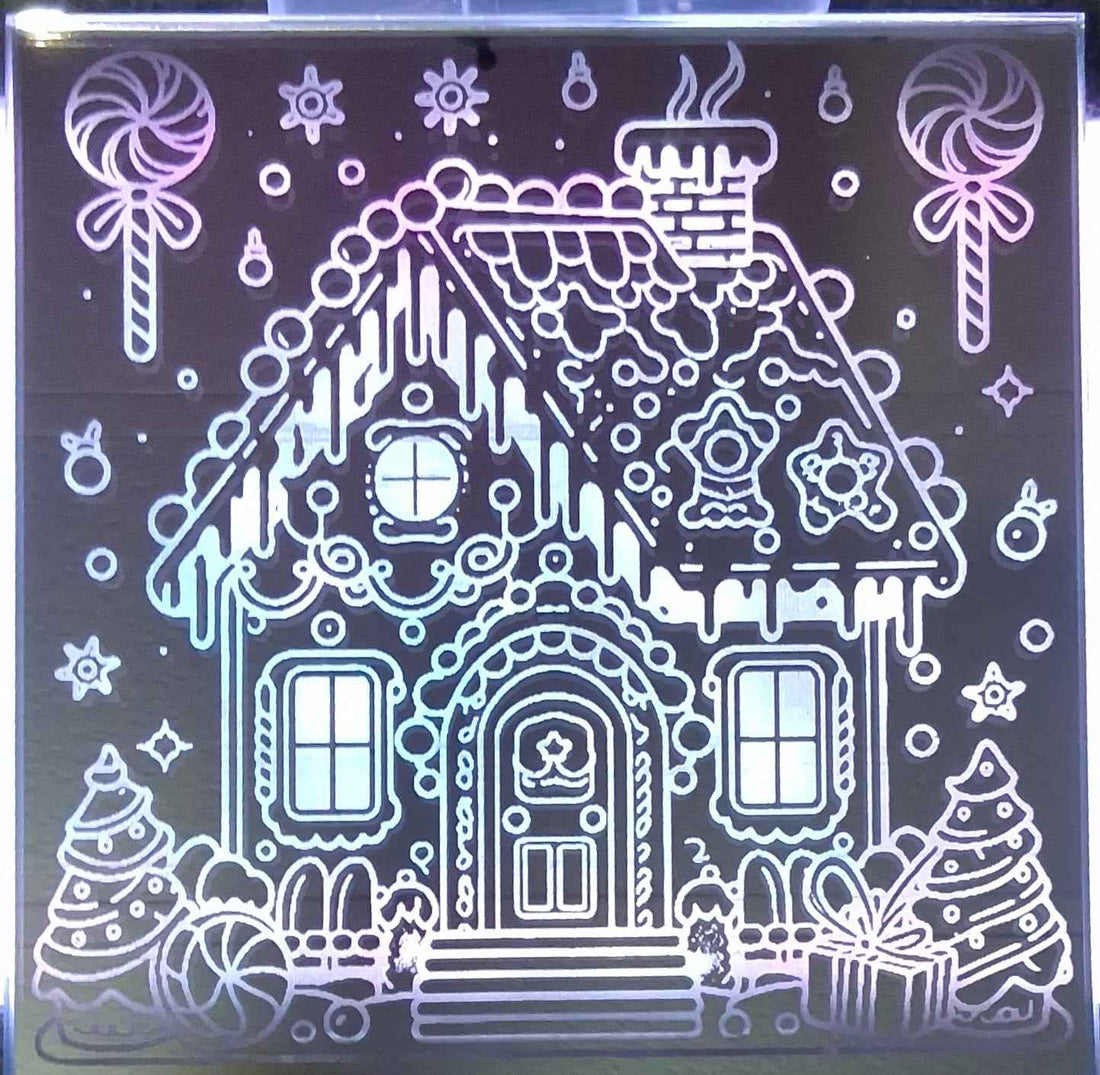 White lit, Gingerbread house, Custom Laser Engraved Mirror